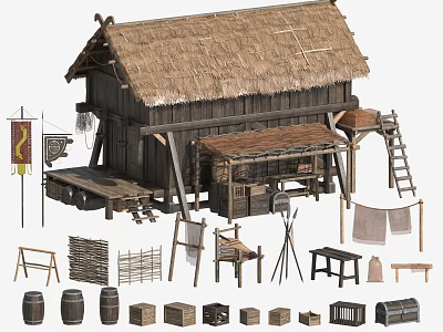 Traditional Wooden House With Thatched Roof And Surrounding Wooden Barrels Crates Ladder And Wicker Items 3d model