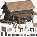 Traditional Wooden House With Thatched Roof And Surrounding Wooden Barrels Crates Ladder And Wicker Items