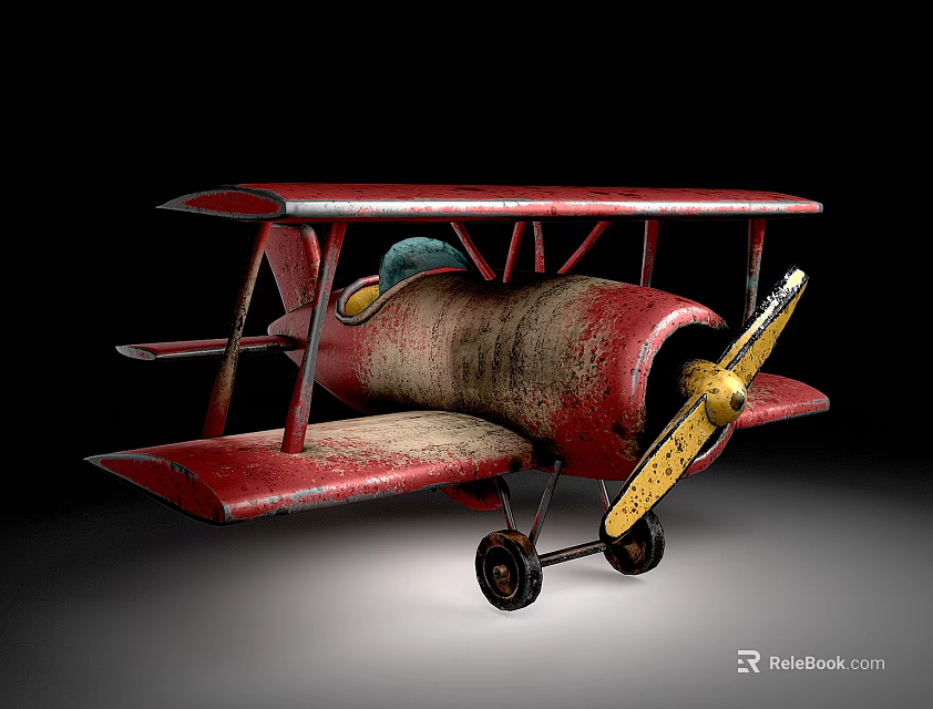 Vintage Red Biplane with Worn Metal Surface and Yellow Propeller on Dark Background 3d model 