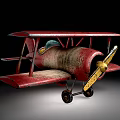 Vintage Red Biplane with Worn Metal Surface and Yellow Propeller on Dark Background