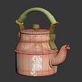 Decorative Pink Teapot With Green Handle And White Textured Patterns For Daily Use