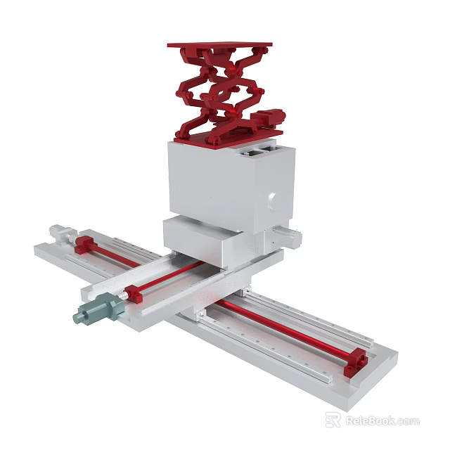 Industrial Mechanical Device With Silver Base Red Rails And Top Components 3d model