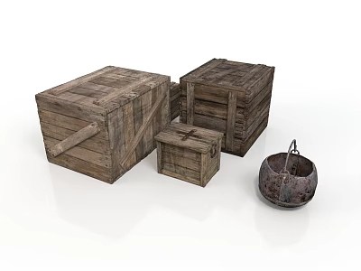 Rustic Wooden Crates in Various Sizes and Vintage Metal Bucket for Home Use 3d model
