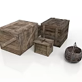 Rustic Wooden Crates in Various Sizes and Vintage Metal Bucket for Home Use