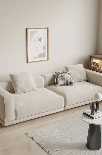 Modern Living Room Beige Fabric Two Seater Sofa With Plain Striped Cushions Round Coffee Table 3d model