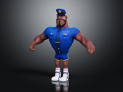 Muscular 3D Cartoon Police Character in Blue Uniform Shorts White Sneakers and Red Striped Socks 3d model