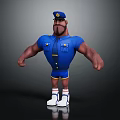 Muscular 3D Cartoon Police Character in Blue Uniform Shorts White Sneakers and Red Striped Socks