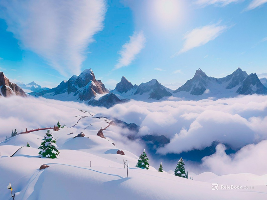 Breathtaking Alpine Scenery With Snow Capped Mountains Sea Of Clouds Blue Sky And Pine Trees 3d model 