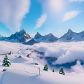 Breathtaking Alpine Scenery With Snow Capped Mountains Sea Of Clouds Blue Sky And Pine Trees