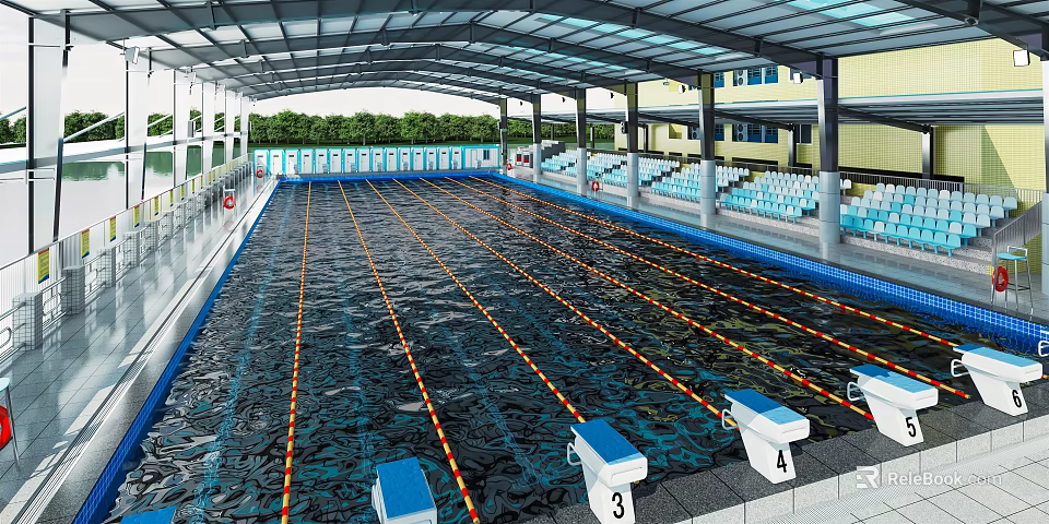 Covered Swimming Pool With Lane Lines Starting Blocks Spectator Seats And Surrounding Buildings 3d model 