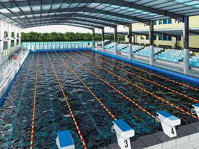 Covered Swimming Pool With Lane Lines Starting Blocks Spectator Seats And Surrounding Buildings 3d model