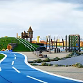 Aerial View Of Recreational Park With Maze Water Pool Curved Track And Playground Areas