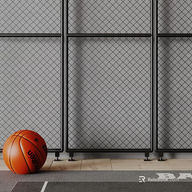 Black Metal Grid Architectural Component With Basketball On Wooden Floor 3d model 