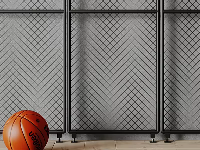Black Metal Grid Architectural Component With Basketball On Wooden Floor 3d model