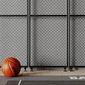 Black Metal Grid Architectural Component With Basketball On Wooden Floor