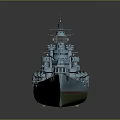 Detailed Blue Warship Model With Red White Deck Turrets And Mast Structure