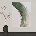 Abstract Green Brushstroke Painting With Black Vase In Modern Interior
