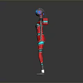Game Movie Character In Red Blue Futuristic Costume With Helmet And Armor