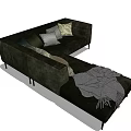 Modern Black Sectional Sofa With L Shaped Design Patterned Cushions And Gray Throw Blanket 3d model