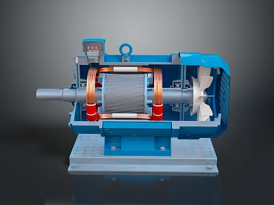 Blue Electric Motor Cutaway View With Copper Coils Fan And Base Structure 3d model