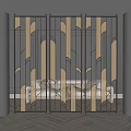 Golden Decorative Partition In Living Interior With Sofa Throw Pillows Dark Walls And Herringbone Floor