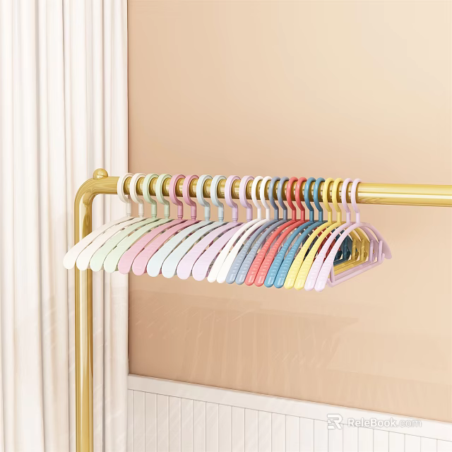 Colorful Plastic Hangers on Golden Hanger Rod with Simple Design for Closet Organization 3d model 