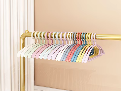 Colorful Plastic Hangers on Golden Hanger Rod with Simple Design for Closet Organization 3d model