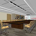Modern Conference Room With Long Wooden Table Yellow Chairs Bookshelves And Pendant Lights