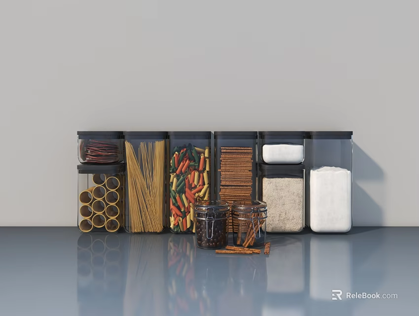 Organized Kitchen Storage Containers With Transparent Design For Pasta Spices And Sugar 3d model 