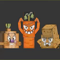 Minecraft Blocky Characters And Creatures With Orange Red Yellow Facial Expressions And Green Plant Decorations