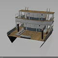 Two Level Wooden Deck Boat Featuring Upper Lower Deck Seating Area And Railing