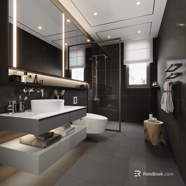 Modern Bathroom Interior With Floating Vanity Freestanding Toilet Glass Shower Large Mirror And Wooden Stool 3d model 
