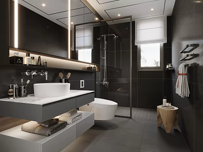 Modern Bathroom Interior With Floating Vanity Freestanding Toilet Glass Shower Large Mirror And Wooden Stool 3d model