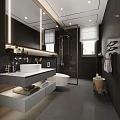 Modern Bathroom Interior With Floating Vanity Freestanding Toilet Glass Shower Large Mirror And Wooden Stool