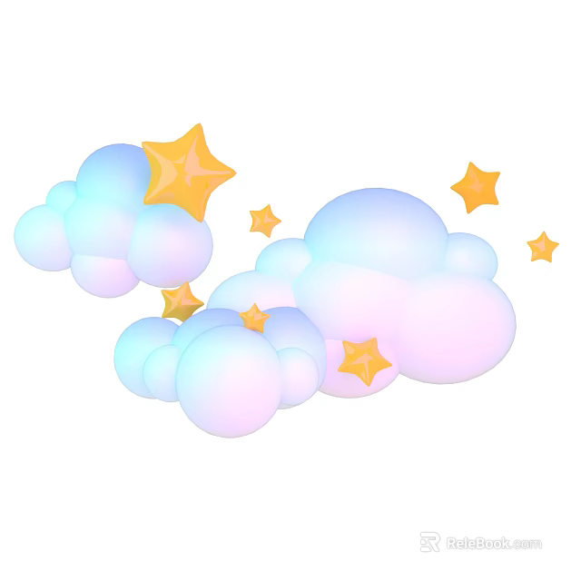 Soft Pastel Cartoon Clouds With Floating Yellow Stars Illustration Art 3d model 