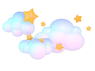 Soft Pastel Cartoon Clouds With Floating Yellow Stars Illustration Art 3d model