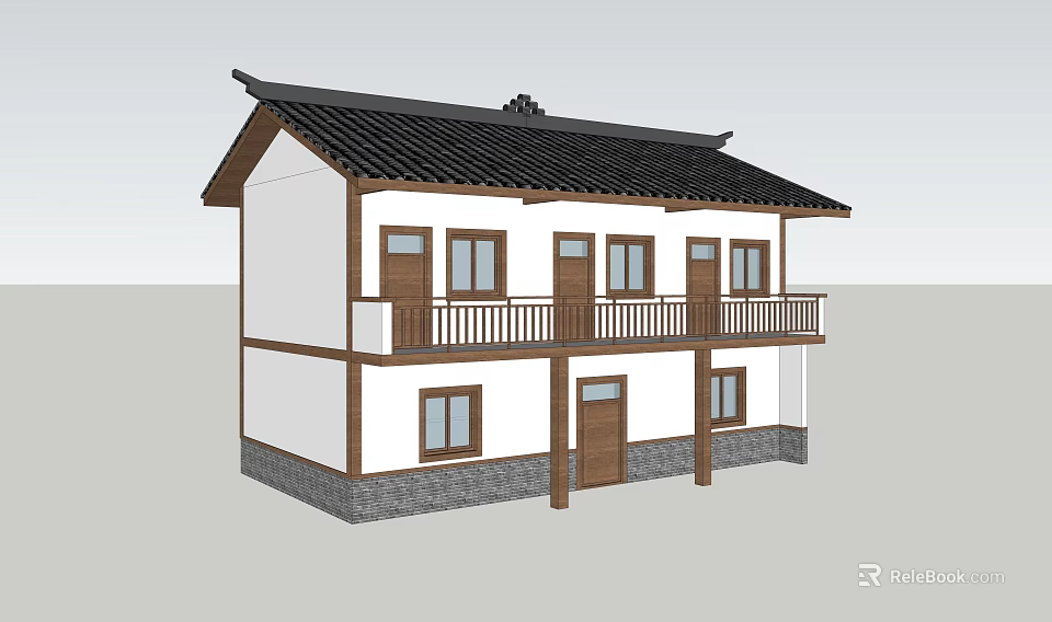 Rural Self-built House Two Story With Traditional Black Tile Roof White Walls And Balcony Railings 3d model 