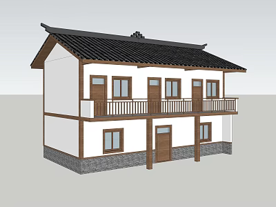 Rural Self-built House Two Story With Traditional Black Tile Roof White Walls And Balcony Railings 3d model