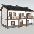 Rural Self-built House Two Story With Traditional Black Tile Roof White Walls And Balcony Railings