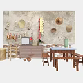 Rustic Garden Decor With Hanging Baskets Straw Hats Dried Chili Strings And Wooden Furniture