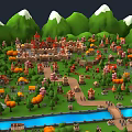 Colorful Cartoon Village Scene With Green Mountains White Peaks And River