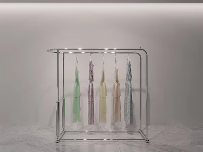 Modern Transparent Metal Clothes Hanger With Various Colored Dresses LED Lighting And Marble Floor 3d model