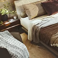 Natural Style Double Bed With Macramé Wall Hanging Palm Plants Bamboo Blinds And Woven Rug