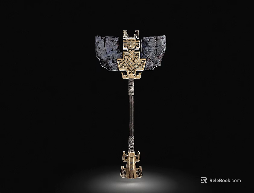 Medieval Battle Axe with Intricate Metal Head and Decorative Stone Inlays 3d model 