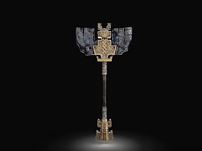 Medieval Battle Axe with Intricate Metal Head and Decorative Stone Inlays 3d model