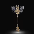 Medieval Battle Axe with Intricate Metal Head and Decorative Stone Inlays