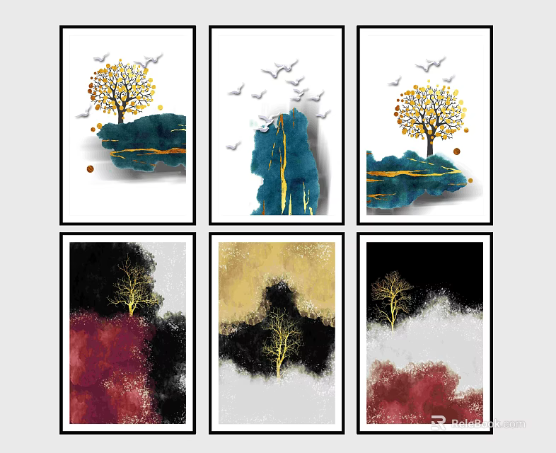 Abstract Wall Art Collection With Tree Motifs Flying Birds And Colorful Patterns 3d model 