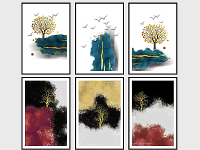 Abstract Wall Art Collection With Tree Motifs Flying Birds And Colorful Patterns 3d model