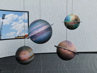 Decorative Hanging Planet Themed Chandelier Featuring Saturn Jupiter and Planetary Orbs 3d model