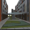 Modern Multi Storey Office Building With Glass Facade Plaza Greenery And Outdoor Seating Area